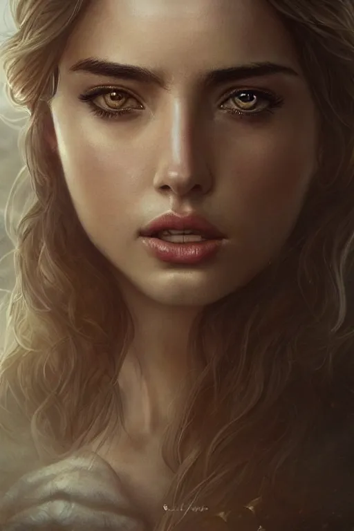 Image similar to Ana de armas Majestic and regal portrait, Perfect face, beautiful, intricate, epic, elegant, menacing, fantasy, highly detailed, digital painting, hard focus, beautiful volumetric lighting, epic light, ultra detailed, by Leesha Hannigan, Ross Tran, Thierry Doizon, Kai Carpenter, Ignacio Fernández Ríos