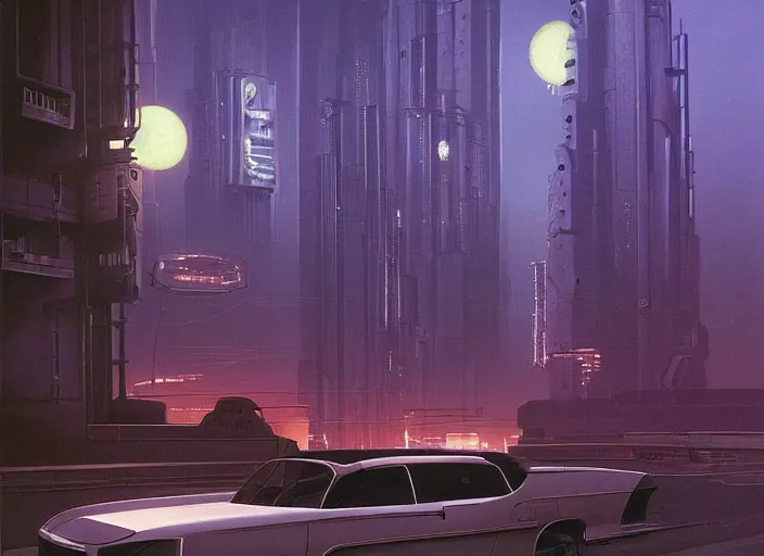 Prompt: a car driving down a street next to building the night, cyberpunk art by Chesley Bonestell, cgsociety, retrofuturism, matte painting, reimagined by industrial light and magic