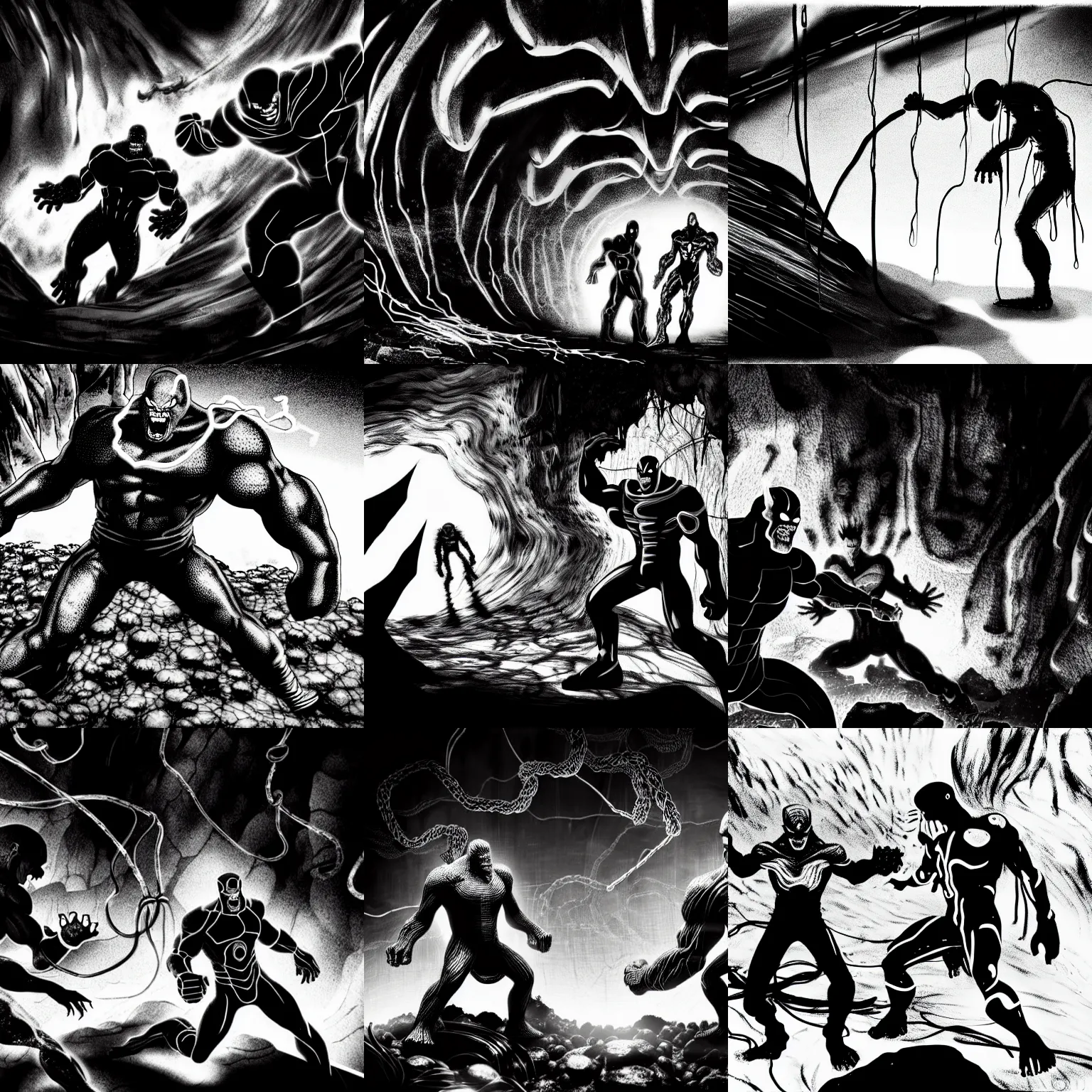 Prompt: black and white thanos fight with the thanos in a cave, by tsutomu nihei, black and white, old cave with slime and wires blur background, cinematic, perspective, realistic