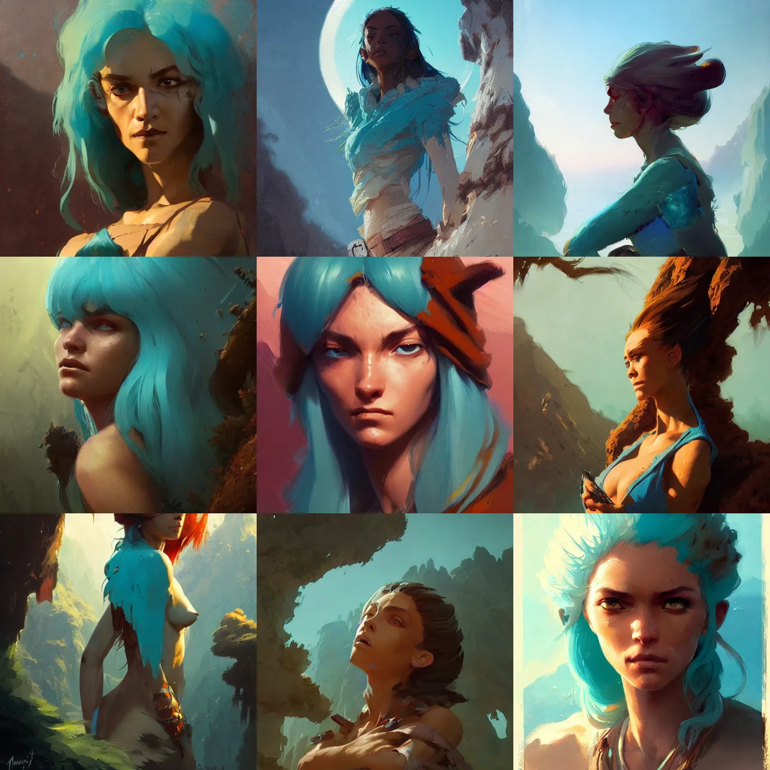 Prompt: a portrait of a character in a scenic environment by marco bucci and greg rutkowski and frank frazetta, sharp focus, detailed, cinematic, turquoise hair