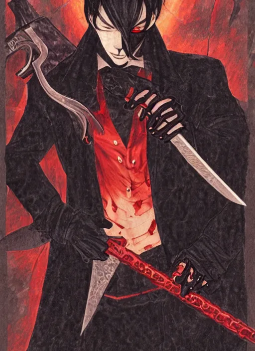 Image similar to illustration of a handsome male vampire by tatsuki fujimoto, long black hair, glowing red eyes, brown coat, chainsaw sword