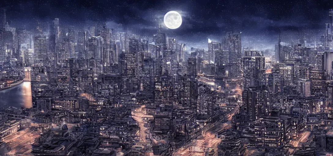 Image similar to moonlight, cityscape, realistic, 8k, high detail, 10 bit colour, hdr