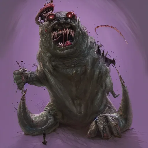 Prompt: mr pimby and his vicious pet tickle monster, dark, horror, detailed, high quality, artstation