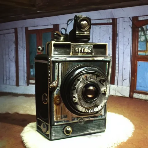 Prompt: a review of a very old camera the camera is recording an old room in the room there is an animatronic standing there deactivated the animatronic are broken