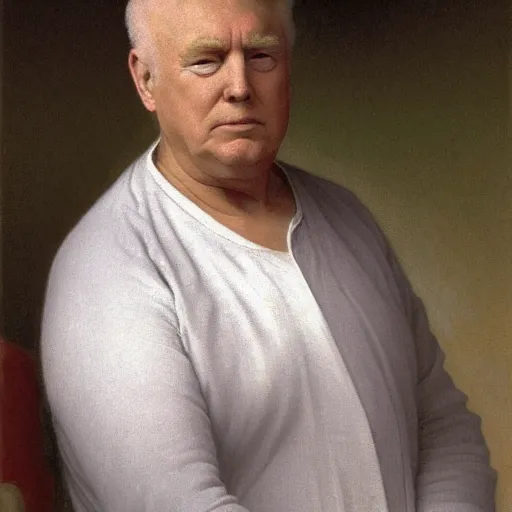 Prompt: Painting of Donald Trump in a tracksuit. Old. Unhappy. No hair. Very Fat. Art by william adolphe bouguereau. Very very very very very very much detailed. 4K. Award winning.