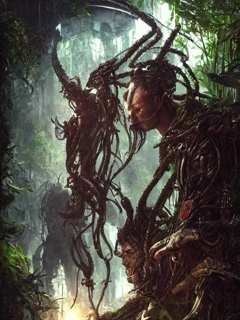 Image similar to a hyperrealistic cyberpunk portrait of a gorgeous man in the movie Predator, in a teeaming jungle with fractal sunlight, award-winning, masterpiece, in the style of Tom Bagshaw, Cedric Peyravernay, Peter Mohrbacher