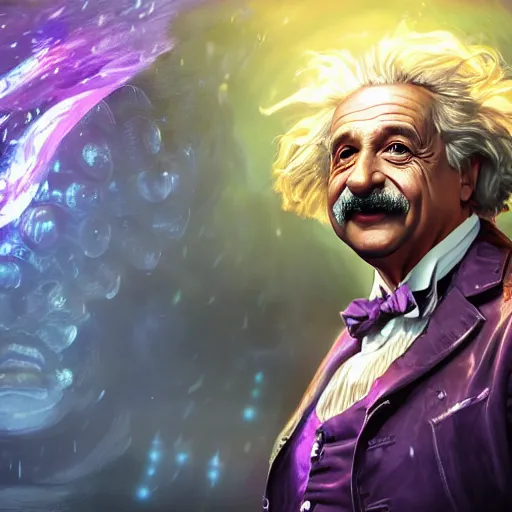 Image similar to portrait of albert einstein as willy wonka, league of legends amazing splashscreen artwork, gears of war, splash art, natural light, elegant, photorealistic facial features, intricate, fantasy, detailed face, atmospheric lighting, anamorphic lens flare, cinematic lighting, league of legends splash art, hd wallpaper, ultra high details by greg rutkowski