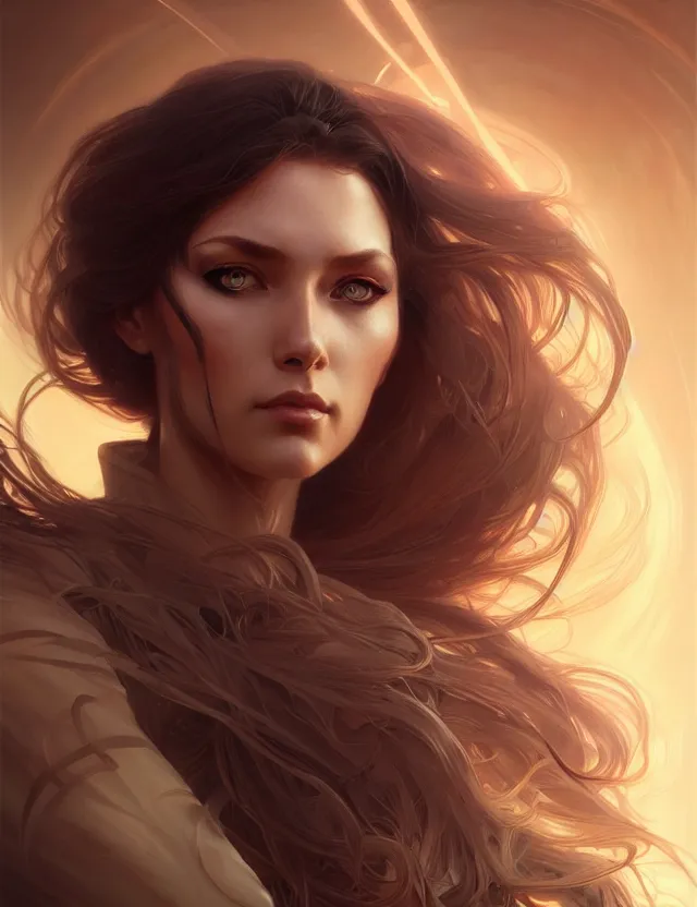 Image similar to futuristic woman portrait, sci-fi, amber eyes, face, long hair, fantasy, intricate, elegant, highly detailed, digital painting, artstation, concept art, smooth, sharp focus, illustration, art by artgerm and greg rutkowski and alphonse mucha