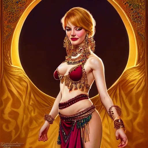 Image similar to a portrait of emma stone dressed as a belly dancer, arabian night, high quality, fully detailed, 4 k, in focus sharp face with fine details, realistic hand details and anatomy, inspired by belly dancer shakira on youtube, by artgerm and greg rutkowski and alphonse mucha, masterpiece, stunning, artstation