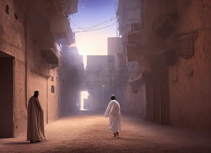 Image similar to old jeddah city alley, roshan, old shops, horse, magical glowing sand gateway to another dimension, several robots! and a man wearing a white robe standing watching over, dramatic lighting, dawn, by caspar david friedrich, unreal engine 5