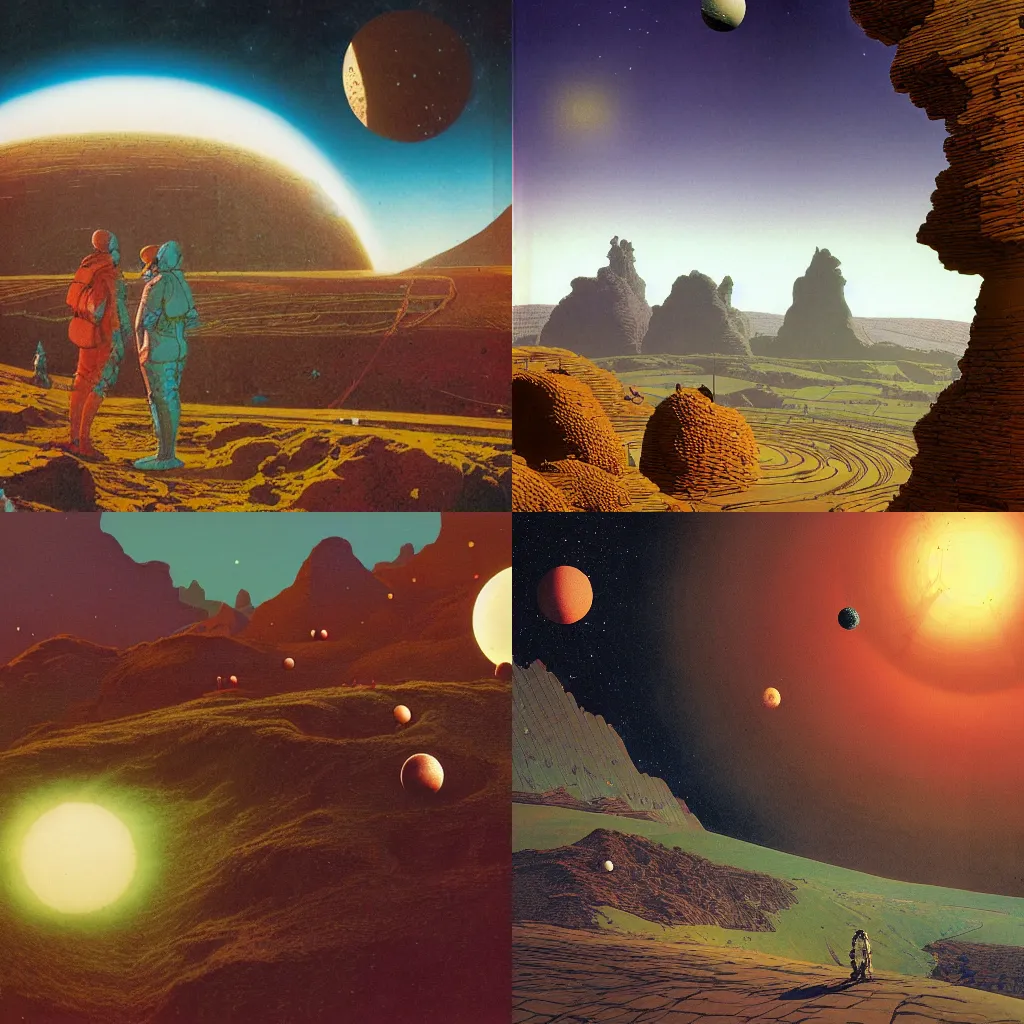 Prompt: english countryside, physics, mountains, atmospheric, planets, sunshine, by moebius, by dan mcpharlin,