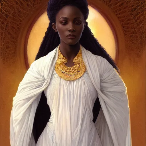 Prompt: 3 / 4 view portrait of an african moon goddess, with white skin, intricate, elegant, highly detailed, digital painting, artstation, concept art, smooth, sharp focus, illustration, art by artgerm and greg rutkowski and alphonse mucha and william - adolphe bouguereau