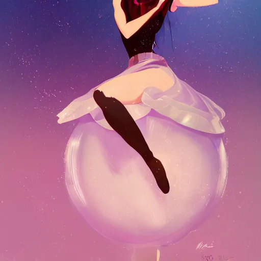 Image similar to portrait of a beautiful girl with dark hair dressed as a ballerina, standing on a ball, rich vivid colors, ambient lighting, dynamic lighting, 4 k, hq, official media, anime key visual, makoto shinkai, ilya kuvshinov, lois van baarle, rossdraws, detailed, trending on artstation