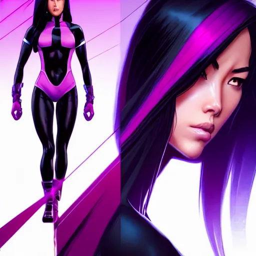 Image similar to Psylocke, Chloe Bennet, long black hair, realistic character concept, middle shot, action pose, comic book, illustration, slender symmetrical face and body, artstation, cinematic lighting, hyperdetailed, cgsociety, 8k, Rafeal Albuquerque comic book art, single face, insanely detailed and intricate, beautiful