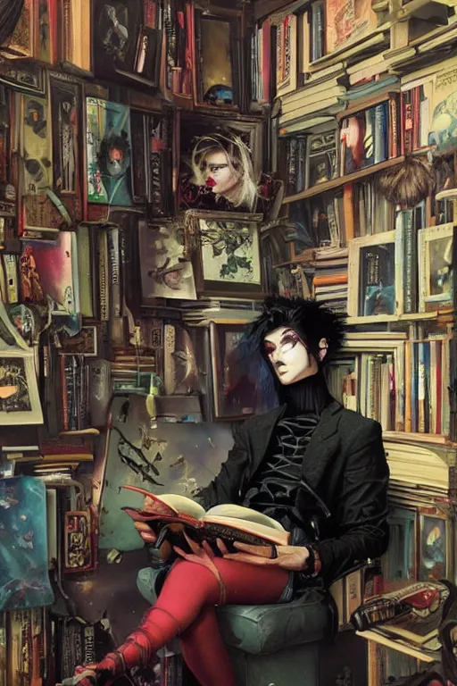 Image similar to goth guy reading a book in a cluttered messy 9 0 s bedroom, artgerm, tom bagshaw, gerald brom, vaporwave, vaporwave colors, 9 0 s, 9 0 s aesthetic, perfect face, detailed face, symmetrical face,