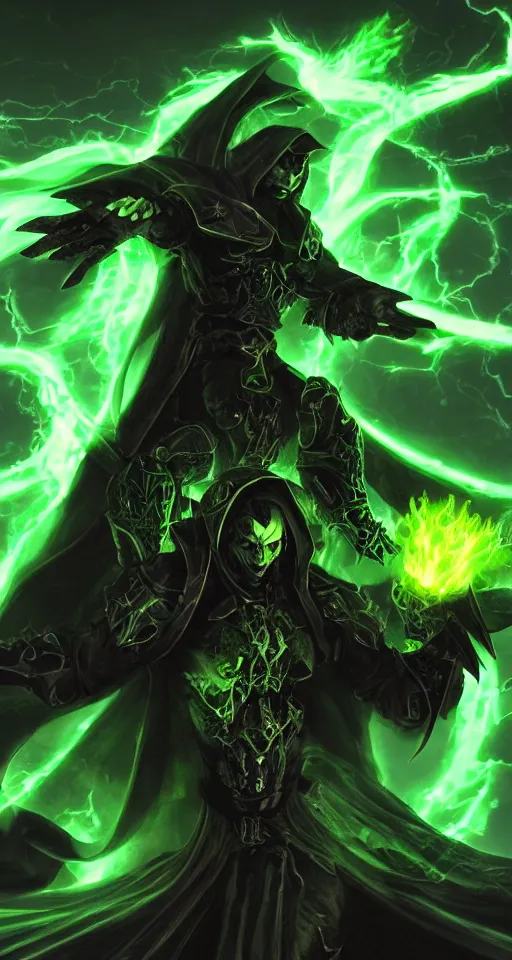 Image similar to illustration of dark priest holding green lightning, black halo, evil, power, green mist, scary, photorealistic, unreal engine, hellish background , Mtg , Dnd ,