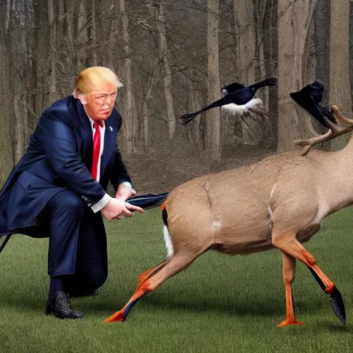 Prompt: crows poking donald trump in the eye and a deer spiking his legs