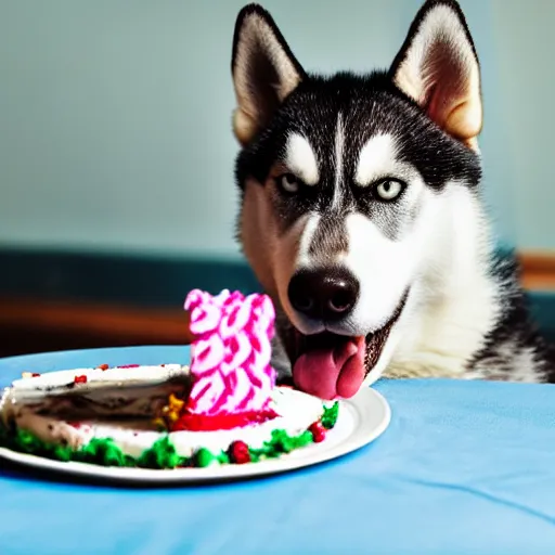 Image similar to a high - quality photo of a husky with a birthday cake, f 3. 5, sharpened, iso 2 0 0, food photography