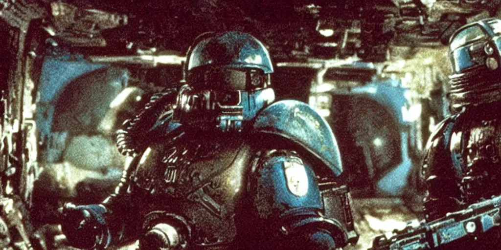 Prompt: color film still, a space marine exploring the interior of a dark, badly cluttered settlement ; alien 2 ( 1 9 8 6 )