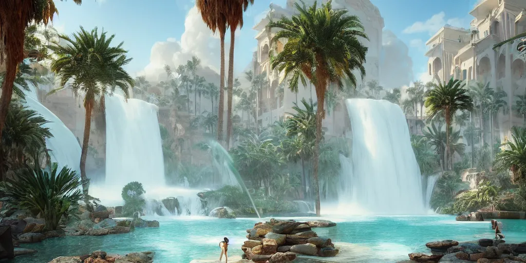 Image similar to beautiful oasis waterfalls surrounded by palm trees, Moroccan tile archways, date trees, ivory towers, sun setting, ross tran, nephilim, pyroclastic flow, ethereal, fantasy, James Jean, oozium, peter morbacher, angelarium, alchemy, luxury, heavenly light, Soft illumination, Trending on artstation, Cinematic Lighting, digital painting, octane render, artgerm