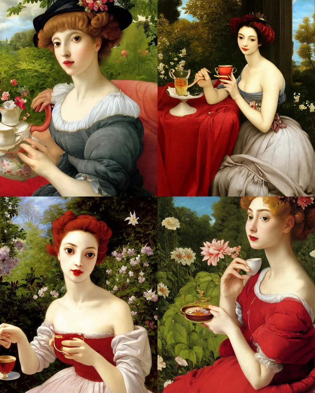 Prompt: oil painting of elegantly dressed remilia scarlet drinking tea in a dreamy garden, beautiful symmetrical face and body, rule of thirds, golden ratio, oil on canvas, highly detailed, warm color scheme art rendition, soft lighting, sharp focus, unique art rendition by adelaide labille - guiard, artemisia gentileschi in high quality anime artstyle