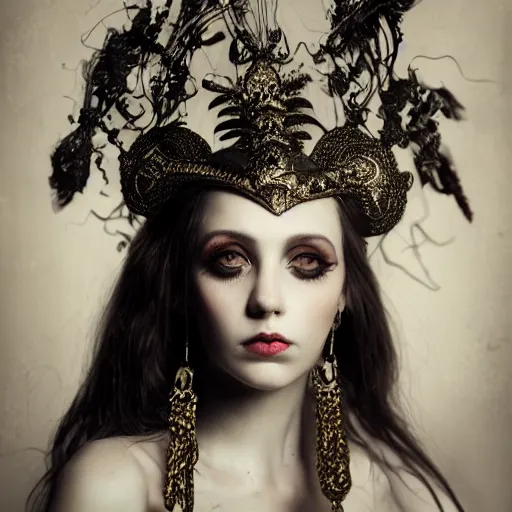 Image similar to a portrait of female model by stefan geselle, anka zhuravleva and peter kemp, dark fantasy, ornate headpiece, dark beauty, photorealistic, canon r 3, photography