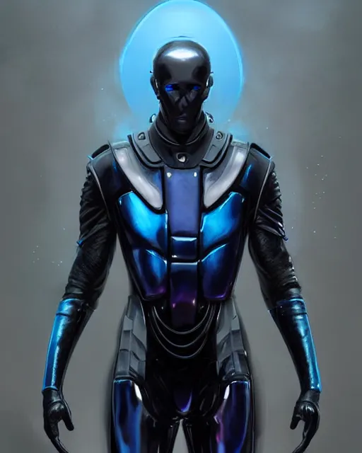 Image similar to character portrait of iridescent sinewy smooth muscular male sleek glossy bluish black pearlescent scifi armor with smooth black featureless helmet, by greg rutkowski, mark brookes, jim burns, tom bagshaw, magali villeneuve, eve ventrue, trending on artstation