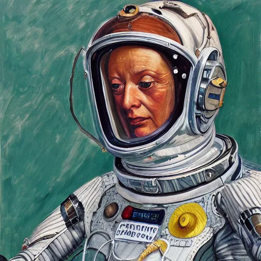 Image similar to high quality high detail painting by lucian freud, hd, woman in sci fi space suit