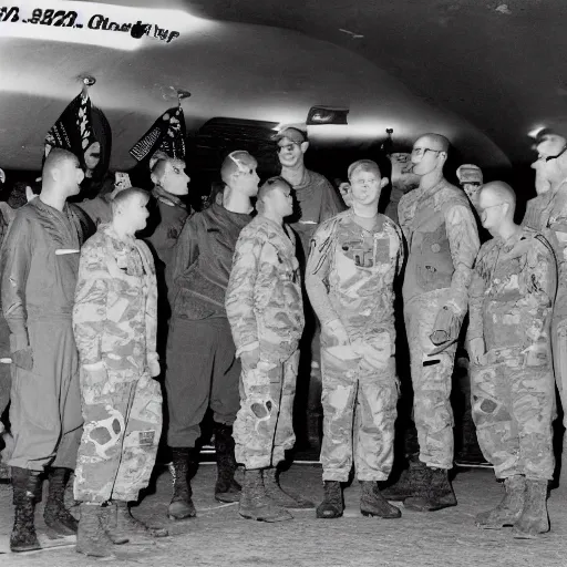 Prompt: Grey aliens meeting with american soldiers and officers, vintage photo, grainy, black & white, archive