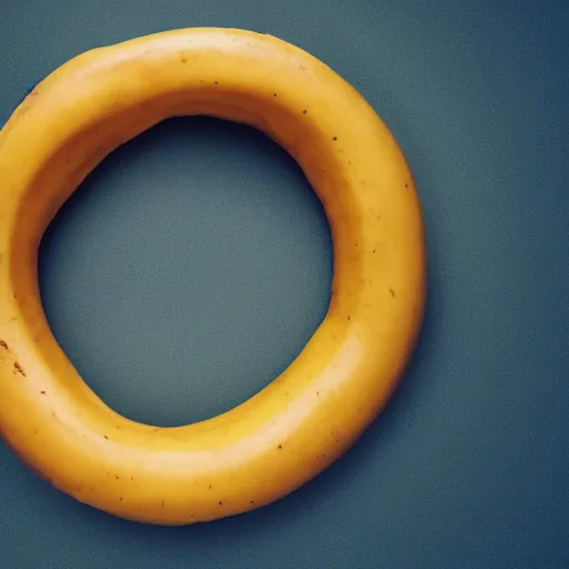 Prompt: Perfectly circular donut!!!!! in the style and shape of a banana!!!!!!, blended colors!!!!!, trending on artstation, 4k, 8k, professional photography, overhead shot, 35mm lens