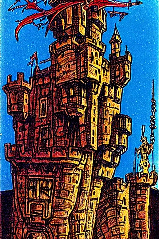 Prompt: castle with soldier foreground by Philippe Druillet