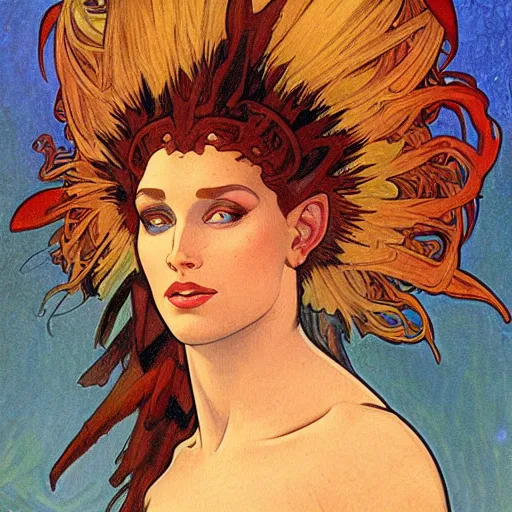 Prompt: portrait of Neytiri with tan skin and spiky red hair by Alphonse Mucha and Larry Elmore