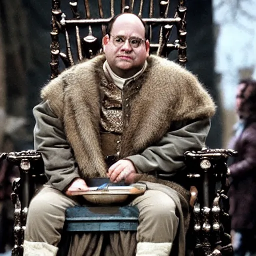 Image similar to George Costanza from Seinfeld sitting on the iron throne from Game of Thrones