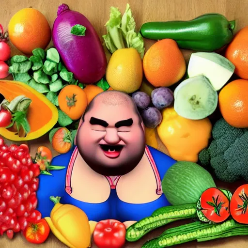 Image similar to a photo of fat men in swimsuits wrestling giant fruit and vegetables squashed and juicy all over the floor.