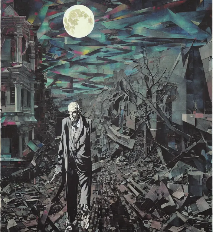 Prompt: decollage painting old man walking through the streets of ruined city under the huge moon with a skeleton shining through his chest by adrian ghenie and takato yamamoto and edward hopper and mark ryden and tsutomu nihei, part by bridget riley, acrylic pour and splashing paint, very coherent, baroque elements, perfect anatomy, intricate design. pop art.