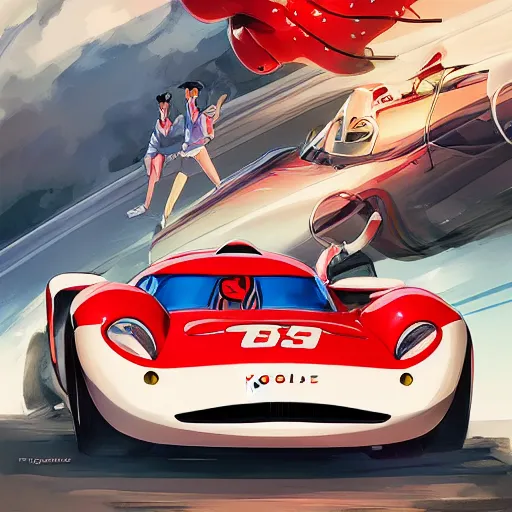 Image similar to speed racer's mach 5 in motion, studio ghibli studio key hideaki anno sakimichan stanley artgerm lau rossdraws james jean marc simonetti elegant highly detailed digital painting artstation pixiv