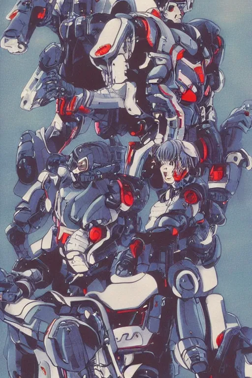 Prompt: boomers from bubblegum crisis at dusk, a color illustration by tsutomu nihei, katsuhiro otomo, masamune shirow