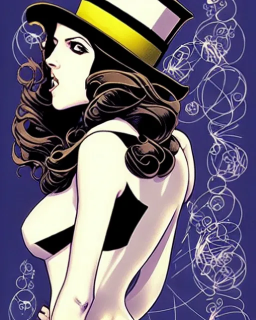 Image similar to beautiful Anna Kendrick Zatanna DC Comics floating on stage, wearing a top hat, symmetrical face symmetrical eyes, smiling, intricate details, atmospheric, art by eiichiro oda, Joshua Middleton art