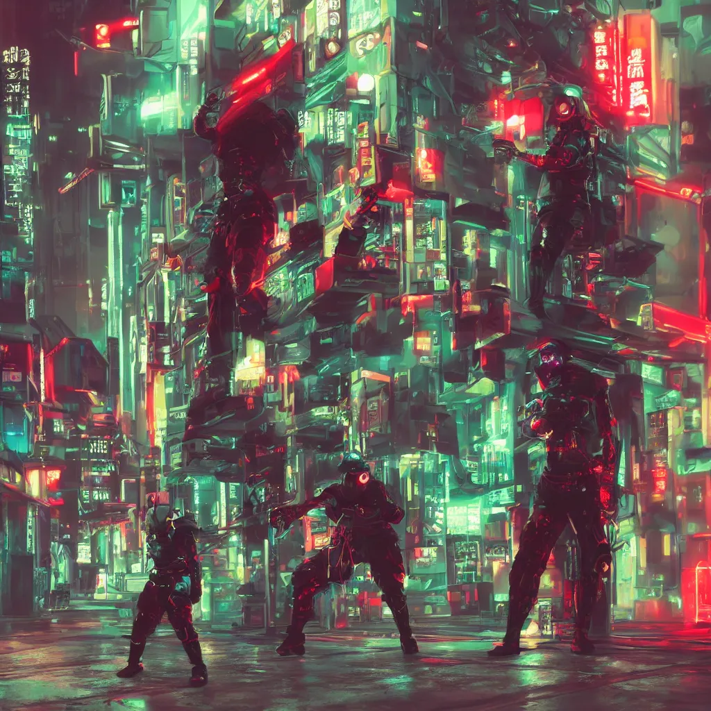 Image similar to sci-fi cyberpunk street samurai neon lights, fighter pose, inside fight cage, realistic, 8k, full body, katana, baggy clothes
