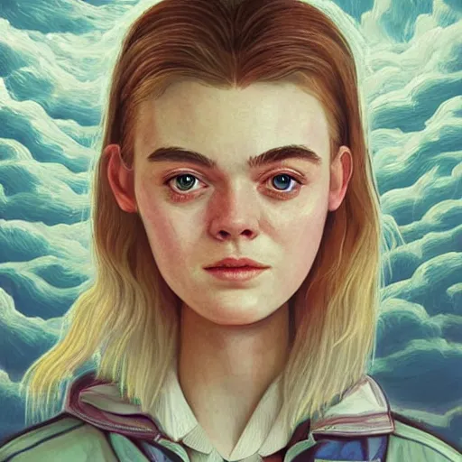 Image similar to professional painting of Elle Fanning in the style of Simon Stalenhag, head and shoulders portrait, symmetrical facial features, smooth, sharp focus, illustration, intricate, stormy weather, extremely detailed masterpiece,