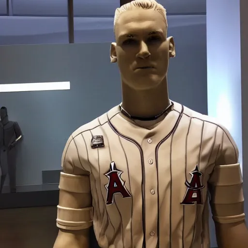 Image similar to “a realistic detailed photo of a guy who is an attractive humanoid who is half robot and half humanoid, who is a male android, baseball player Mike Trout, shiny skin, posing like a statue, blank stare, at a museum, on display”