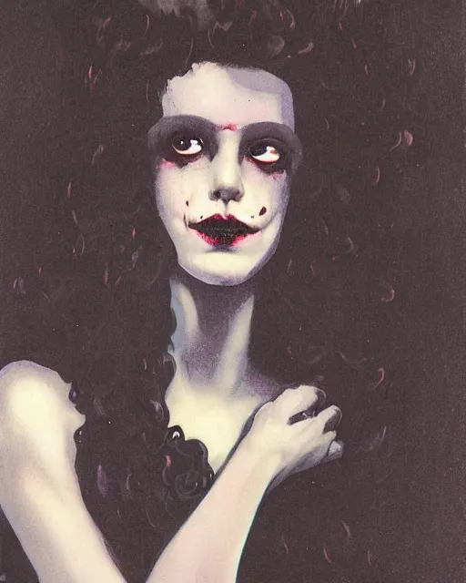 Image similar to a handsome but creepy, sinister, smiling young woman, with haunted eyes and curly hair, wearing punk clothing, 1 9 7 0 s, seventies, wallpaper, a little blood, moonlight showing injuries, delicate embellishments, painterly, offset printing technique, by brom, robert henri, walter popp