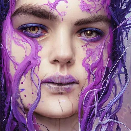 Prompt: detailed art portrait of a furious teen girl with thin, hair-like purple tentacles on her head and bright purple eyes, 8k,by tristan eaton, Stanley Artgermm,Tom Bagshaw,Greg Rutkowski,Carne Griffiths,trending on DeviantArt, face enhance,hyper detailed ,full of colour, dramatic light