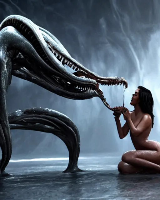 Prompt: cinematic still of kim kardashian being mouth fed by an xenomorph feeding her a transparent alien liquid, wet flowing hair, gooey skin, illustration, unreal engine 5, 8 k, directed by h. r. giger.