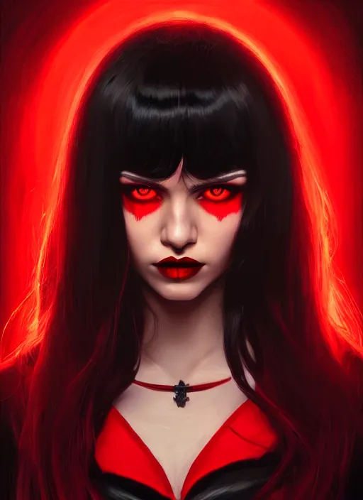 Image similar to portrait of vampire veronica lodge with bangs, vampire fangs, vampire, long hair, red clothes, bangs, vampironica, intricate, elegant, glowing lights, highly detailed, digital painting, artstation, concept art, smooth, sharp focus, illustration, art by wlop, mars ravelo and greg rutkowski