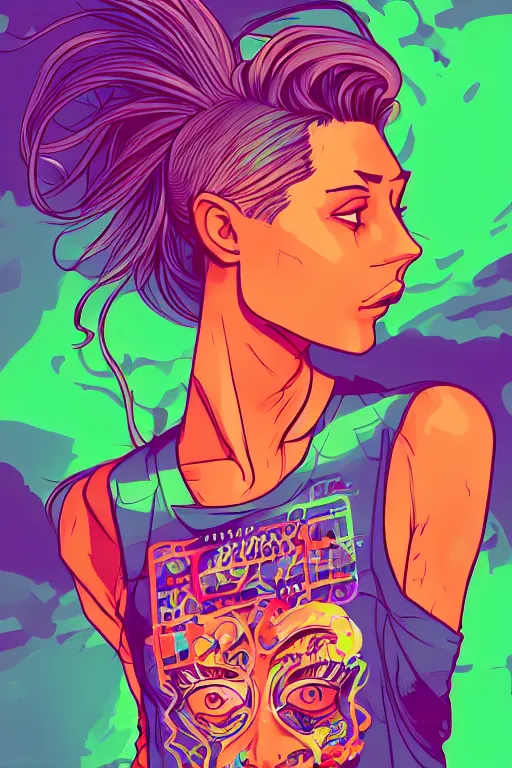 Image similar to a award winning half body portrait of a beautiful woman with stunning eyes in a printed croptop and cargo pants with rainbow colored ombre hairstyle head in motion and hair flying by josan gonzales, outrun, vaporware, shaded flat illustration, digital art, trending on artstation, highly detailed, fine detail, intricate