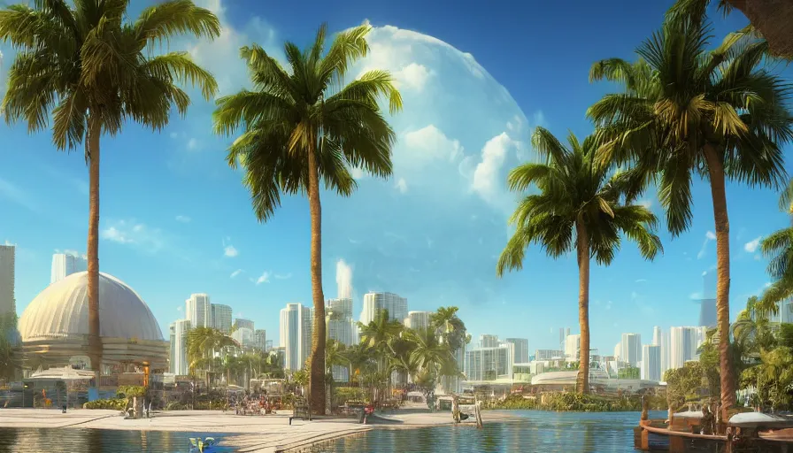 Prompt: concept city art of artificial lake surrounded by palm trees and small shops and slass hotels domes near miami, sunny day, reflections, volumetric light, hyperdetailed, artstation, cgsociety, 8 k