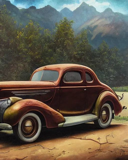 Image similar to medium shot portrait of a prohibition era moonshiner with detailed features, dusty 1940 ford coupe in the backdrop, dutch camera view, dirt, Appalachian mountains, sharp focus, illustration, highly detailed, oil painting, matte, art by Greg Rutkowski and Alphonse Mucha, masterpiece