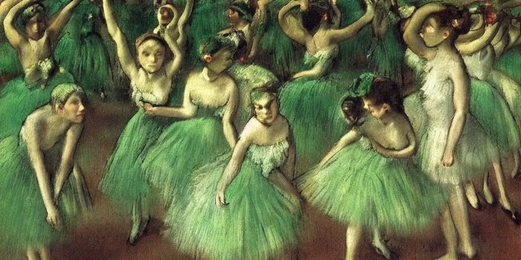 Prompt: tall terrifying green aliens sitting in a circle. in the victorian era. in the style of an impressionist painting. edgar degas