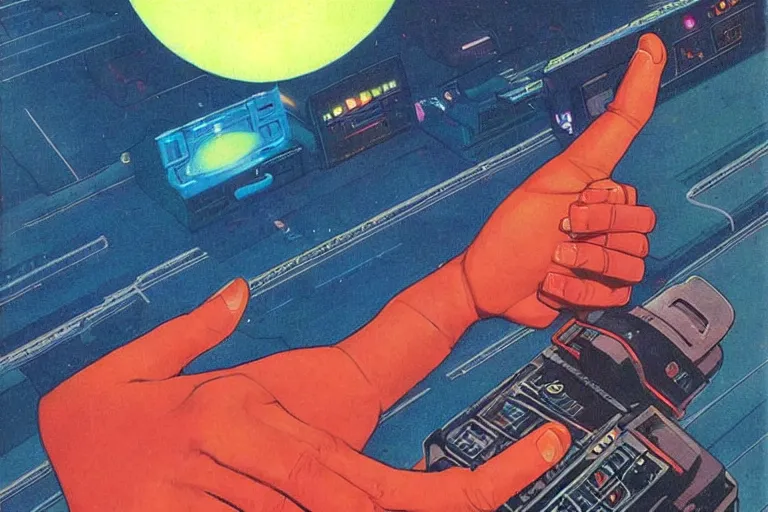 Image similar to a 1982 cover of OMNI magazine depicting a hand holding a bulky retro tv remote. Neo-Tokyo. Cyberpunk style art by Vincent Di Fate.